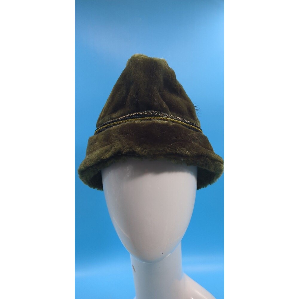 Vintage Olive Green Plush Alpine Cloche Hat Feather Braided Trim Women’s